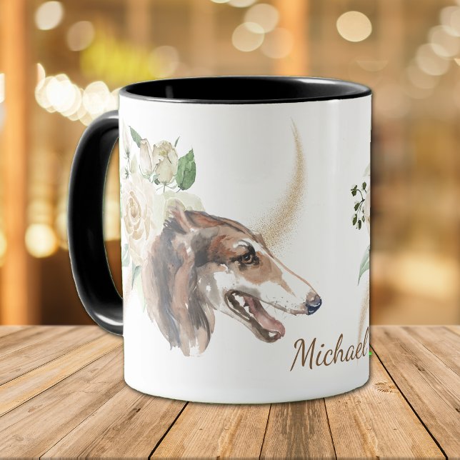 Taza Rosas blancas Bouquet Borzoi Perro (Subido por el creador)