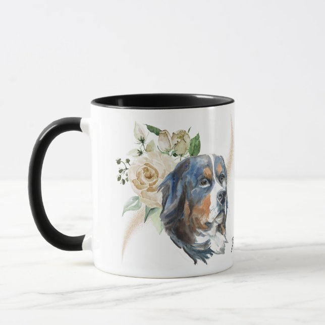 Taza Rosas blancas Bouquet Perro de montaña Bernese (Izquierda)