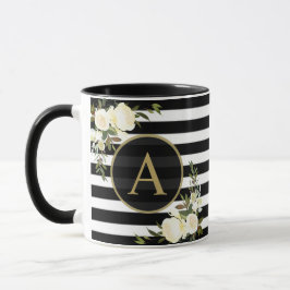 Taza ROSAS BLANCAS Monograma dorado Banda blanca Negra