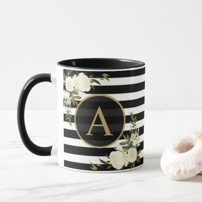 Taza ROSAS BLANCAS Monograma dorado Banda blanca Negra (Con donut)