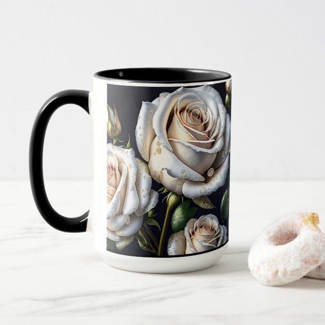 Taza Rosas blancas preciosas con detalles dorados (Con donut)