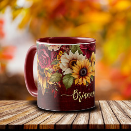 Taza Rosas burdeos con temática de otoño girasoles
