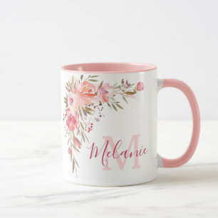 Taza Rosas de color rosado y coralino nombran monograma