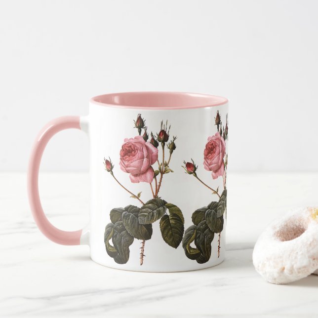 Taza Rosas de los antiguos jardines rosados en flor (Con donut)