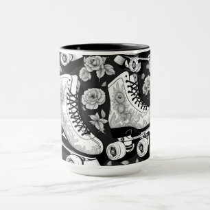 Taza Rosas de patinaje cuádruple diseño blanco negro