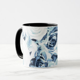 Taza Rosas Florales Blancas Azules de Invierno Vintage 