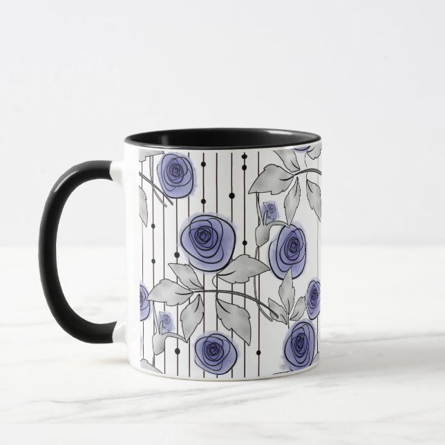 Taza Rosas modernas abstractas flores violeta gris blan (Izquierda)