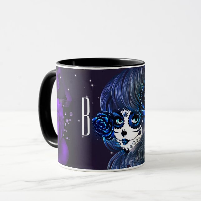 Taza Rosas morados azules Chica de cráneo azucarero per (Anverso izquierdo)