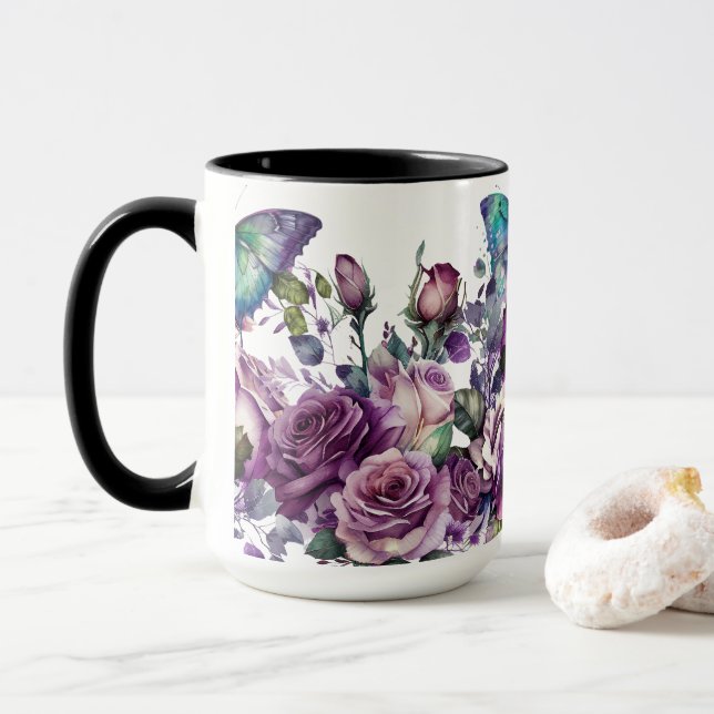 Taza Rosas morados florales y mariposas (Con donut)