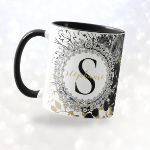 Taza Rosas Negras de Oro con Diamantes Lujo Elegante Mo