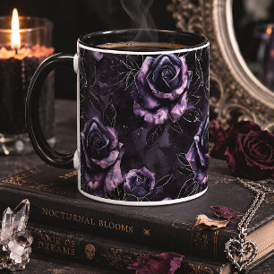 Taza Rosas Negras Purpúreas Romance Oscuro Floral Gótic