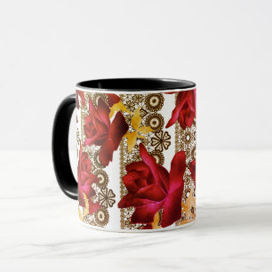 Taza Rosas púrpura abstractas flores encaje floral vint