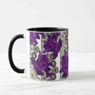 Taza Rosas púrpura abstractas flores encaje floral vint