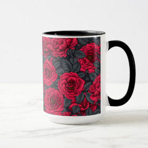 Taza Rosas rojas con hojas grises en negro