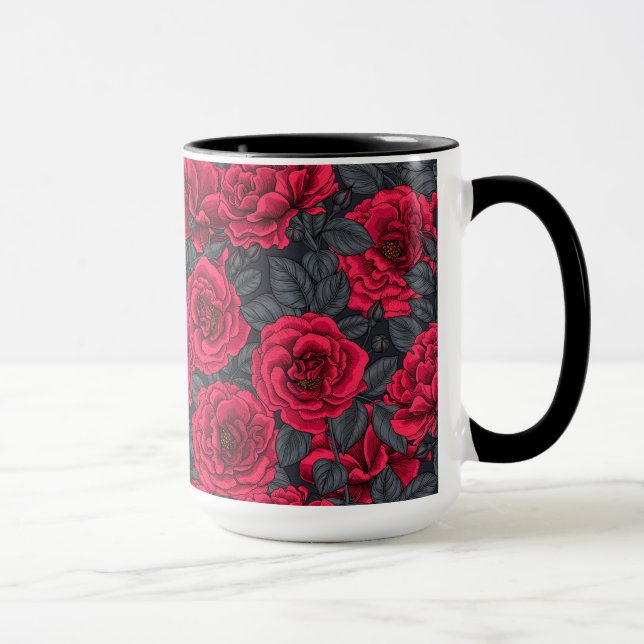 Taza Rosas rojas con hojas grises en negro (Derecha)