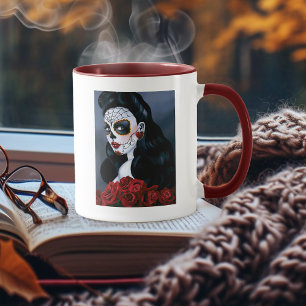 Taza Rosas Rojas Elegantes Cráneo de Azúcar Mujer Gótic