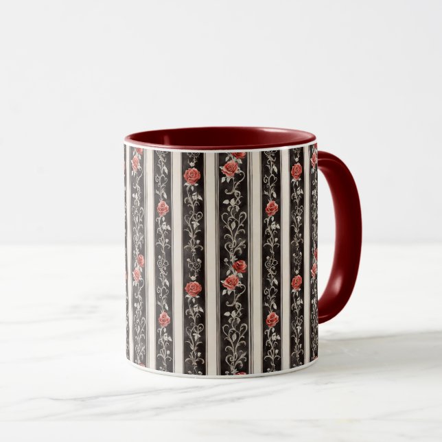 Taza Rosas Rojas Románticas Florales Crema Rayas Negras (Anverso derecho)