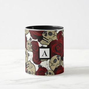 Taza Rosas Rojas y Calaveras Floral Negro Gótico Blanco