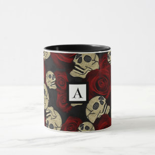 Taza Rosas Rojas y Calaveras Gris Negro Floral Gótico