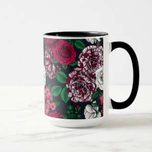 Taza Rosas rojos, blancos y bicolores con hojas verdes 