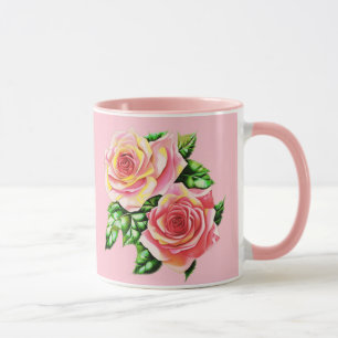 Taza Rosas rosadas de coral con hojas verdes de jade