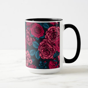 Taza Rosas rosados, rojos y bicolorantes con hojas azul