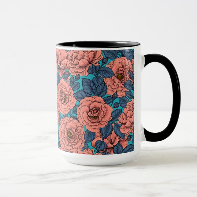 Taza Rosas rosas rosas con hojas azules en azul (Derecha)