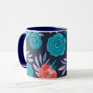 Taza Rosas turquesas y flores de coral con hojas pastel