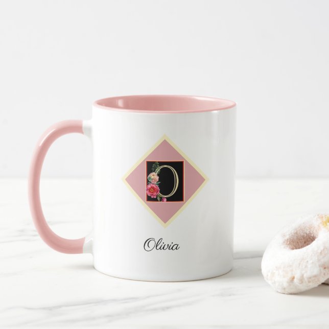 Taza Rosas Vintage Inicial Personalizadas "O" (Con donut)