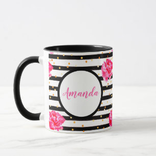 Taza Rosas y rayas femeninas personalizadas