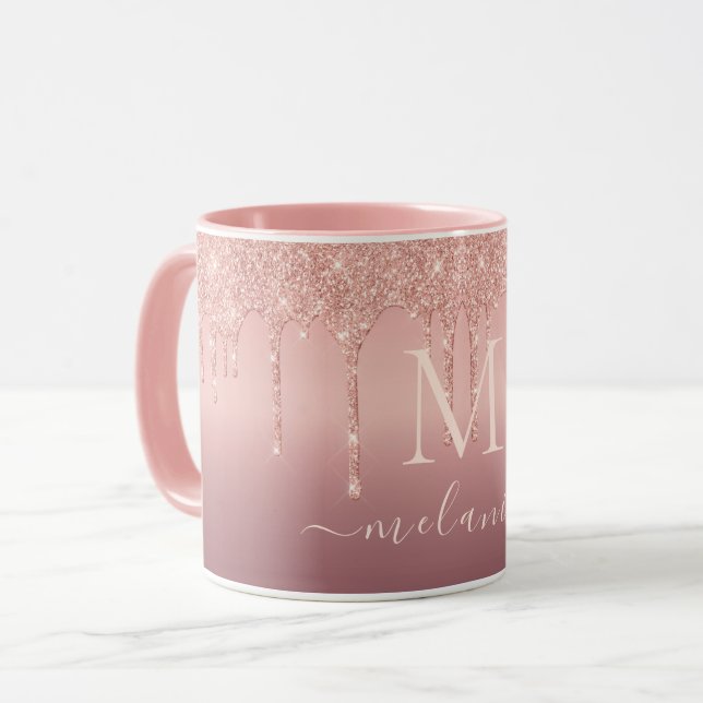 Taza Rose Gold Glitter Coffee Mug Your Name and Letter (Anverso izquierdo)