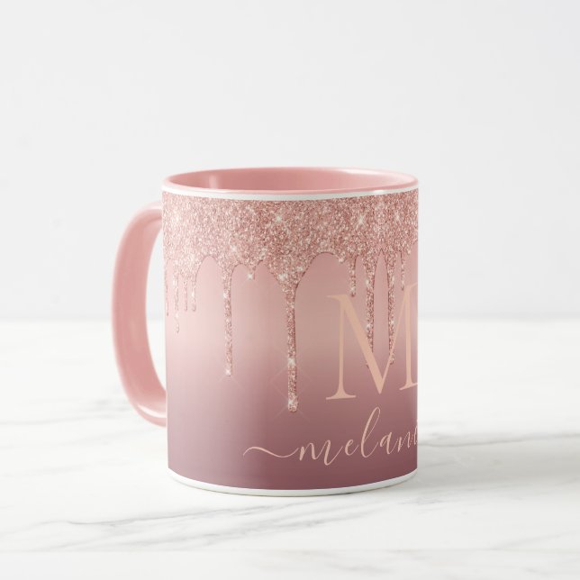 Taza Rose Gold Glitter Custom Letter Name Coffee Mug (Anverso izquierdo)