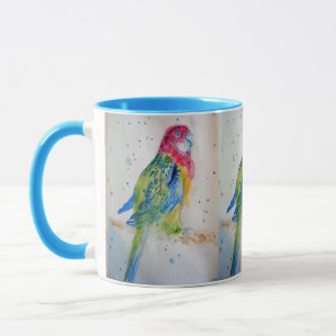 Taza Rosella Parrot en la rama Acuarela Mug Azul