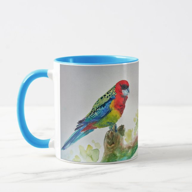 Taza Rosella Parrot en la rama Acuarela Mug Blue (Izquierda)