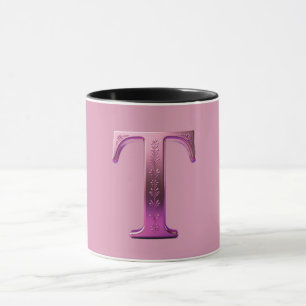 Taza Rosemaling Metálico Moderno Letra T, Rosa/Morado