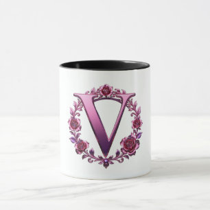 Taza Rosemaling Metálico Moderno Letra V Rosa/Púrpura