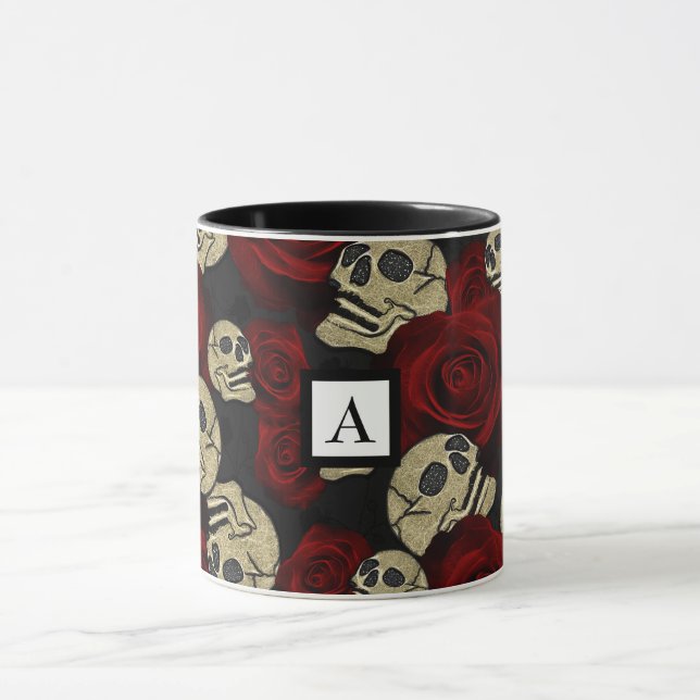 Taza Roses y cráneos rojos Gris Floral Negra Gótica (Centro)