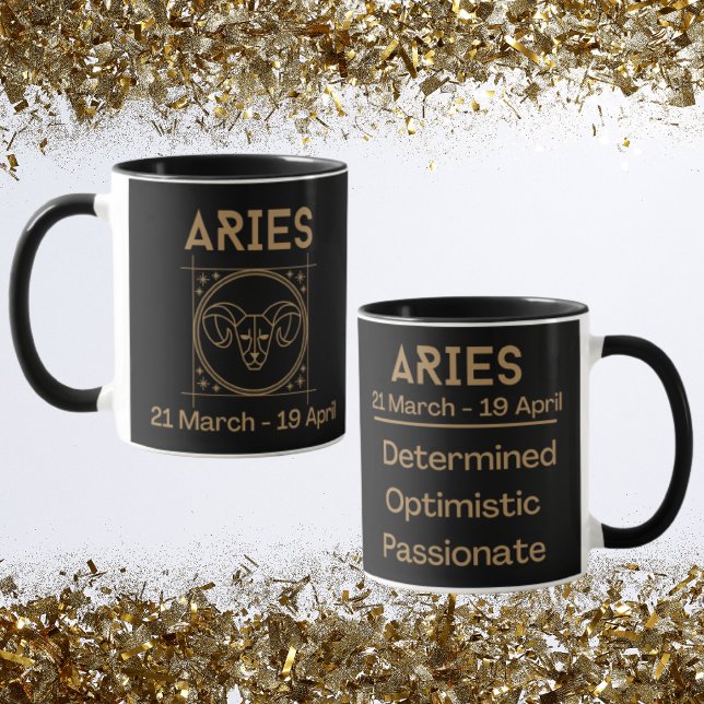 Taza Rótulo Aries Zodiac con símbolo y rasgos (Aries Zodiac Coffee Mug with traits)