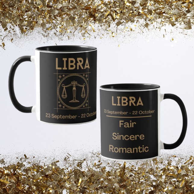 Taza Rótulo Libra Zodiac con símbolo y rasgos (Libra Zodiac Coffee Mug with traits)