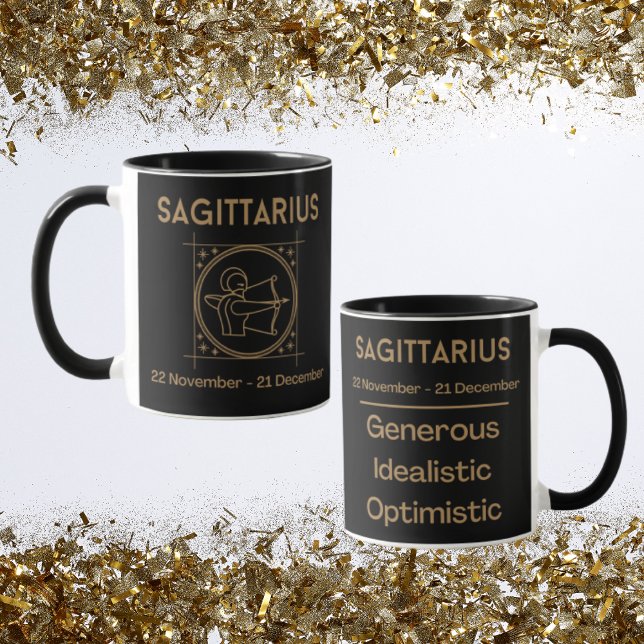 Taza Rótulo Sagittarius Zodiac con símbolo y rasgos (Sagittarius Zodiac Coffee Mug with traits)