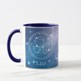 Taza Rótulo Zodiac LEO Nombre azul púrpura Monograma