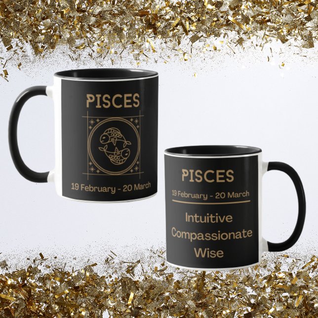 Taza Rótulo Zodiac Pisces con símbolo y rasgos (Pisces Zodiac Coffee Mug with traits)
