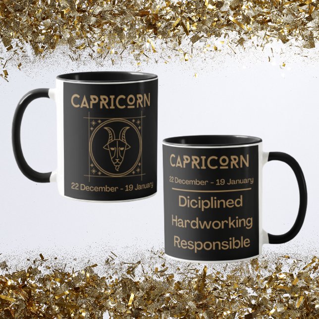 Taza Rótulo Zodiaco Capricornio con símbolo y rasgos (Capricorn Zodiac Coffee Mug with traits)
