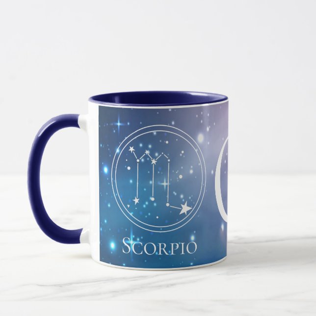 Taza Rótulo Zodiaco Cuidadoso SCORPIO Morado Azul Monog (Izquierda)