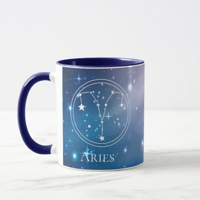 Taza Rótulo Zodiaco curado ARIES Nombre azul morado Mon (Izquierda)