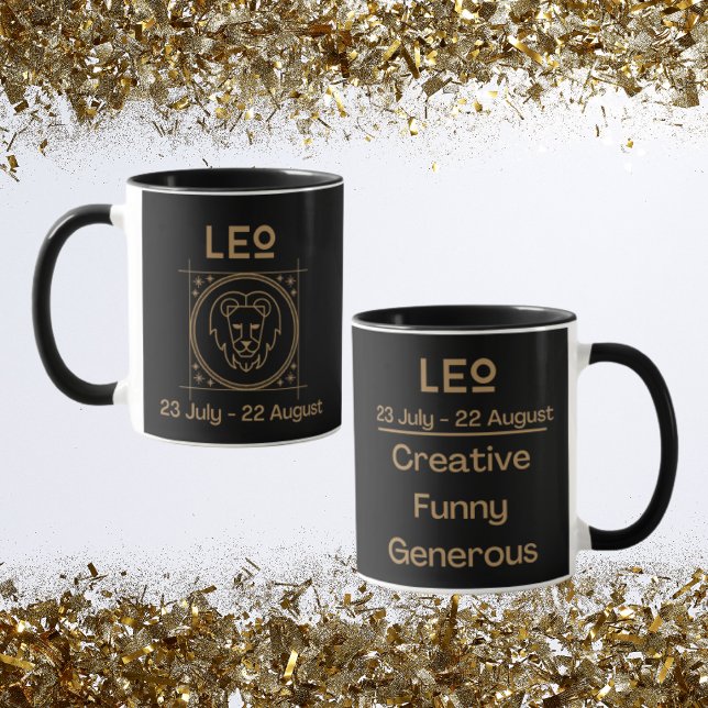 Taza Rótulo Zodiaco Leo con símbolo y rasgos (Leo Zodiac Coffee Mug with traits)
