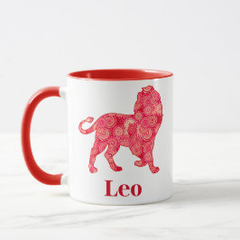 Taza Rótulo zodiaco para León en un Patrón Fractal Rojo