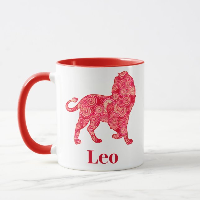 Taza Rótulo zodiaco para León en un Patrón Fractal Rojo (Izquierda)