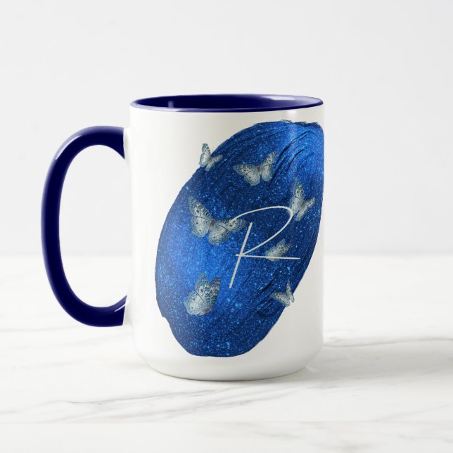 Taza Royal Blue Butterflies Iniciales Letra R Monograma (Izquierda)