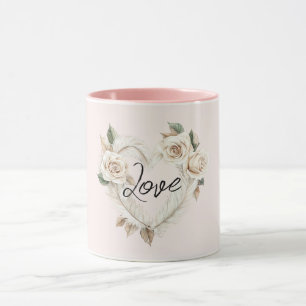 Taza Rubor Cremoso Romántico Rosas Plumas Corazón Flora